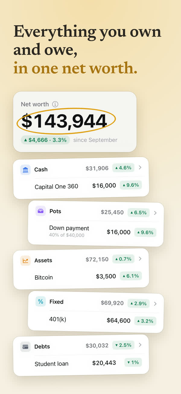 Cash, assets, fixed, debts and pots — each on its own, and all of it added up.
