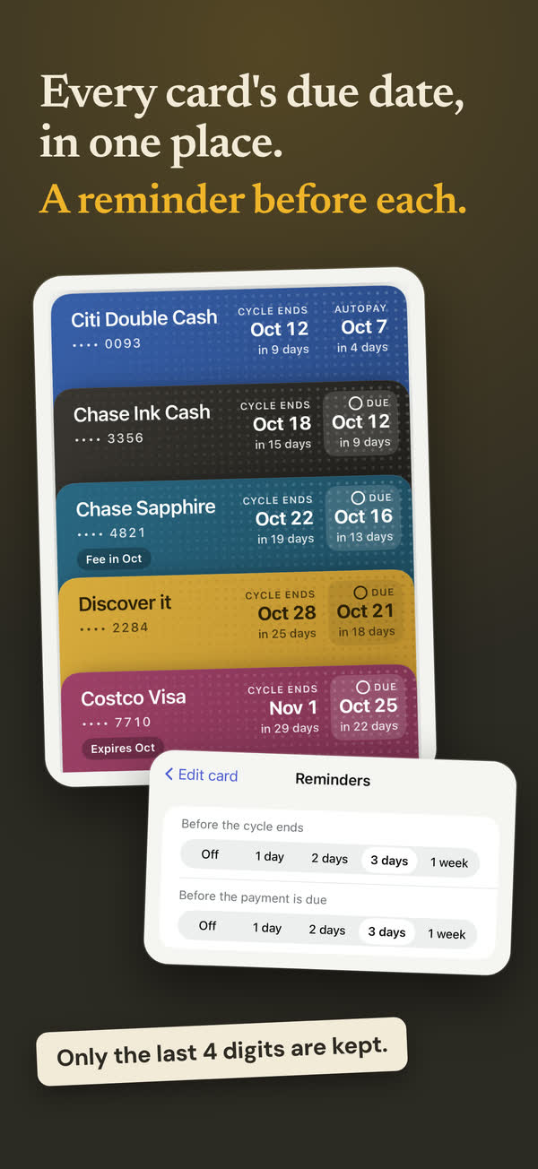 Every credit card’s dates in one place, with a reminder before a date.